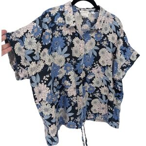 Calligraphic Linen Top Womens XL Blue Floral Boxy Button Up Shirt Coastal Cruise